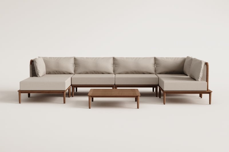 Woonkamerset met een modulaire hoekbank met 5 delen, salontafel en voetenbank in Giulia acacia