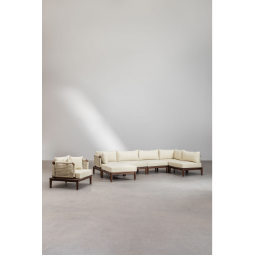 Woonkamer Set Met 5-delige Modulaire Hoekbank Met Poef En Fauteuil In Acacia Giulia Beige – Crème - Sklum