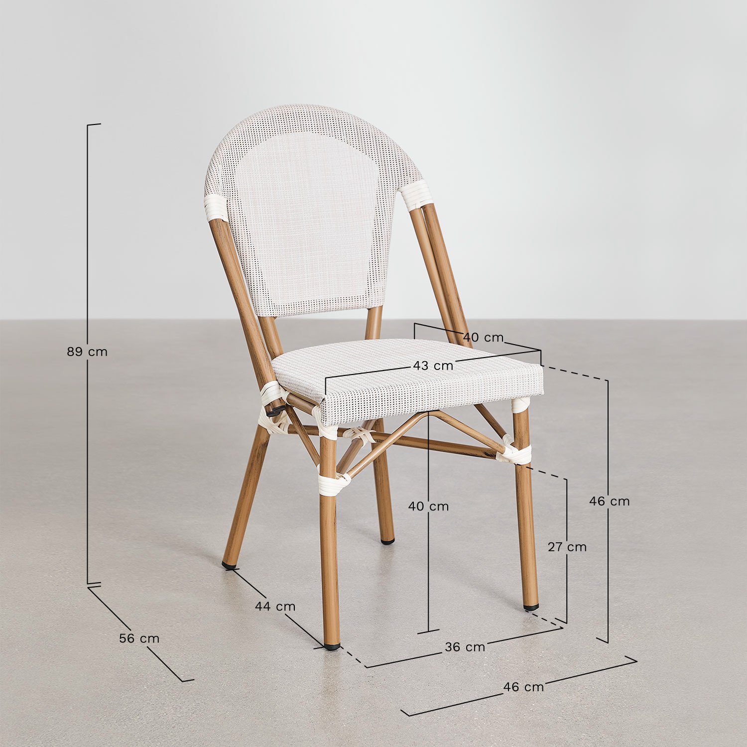 Set van 2 Brielle Bistro aluminium stapelbare eetkamerstoelen, AFMETINGEN