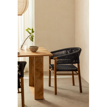 Tenay Classic Acacia Houten En Gevlochten Touw Eetkamerstoel Met Armleuningen Grijs – Grafiet - Sklum