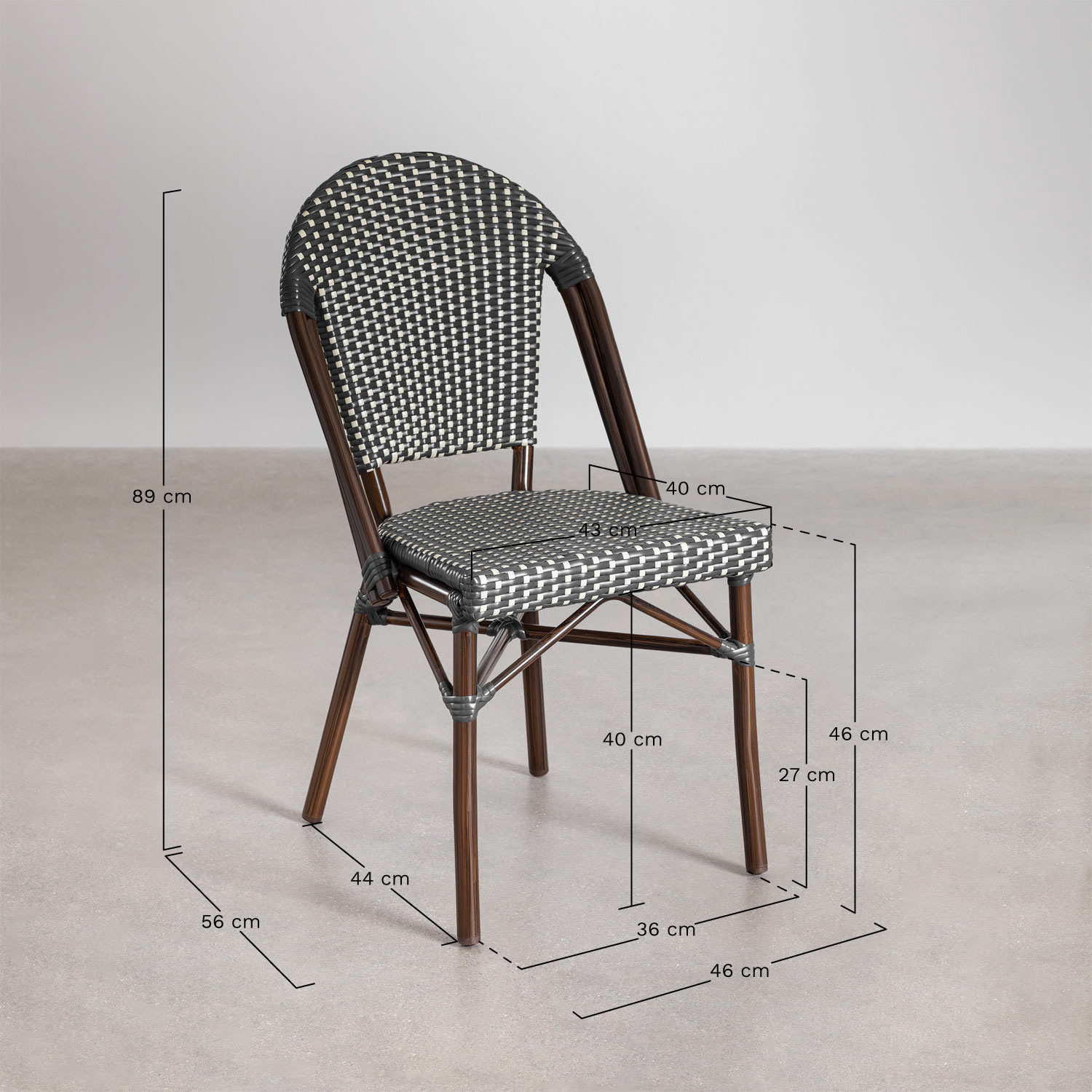 Set van 4 Brielle Bistro aluminium stapelbare eetkamerstoelen, AFMETINGEN