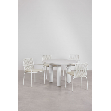 Arken Ronde Tafelset Van Keramiek En Aluminium, Ø120, En Vier Alberta Aluminium Tuinstoelen Met Armleuningen. Beige – Crème - Sklum