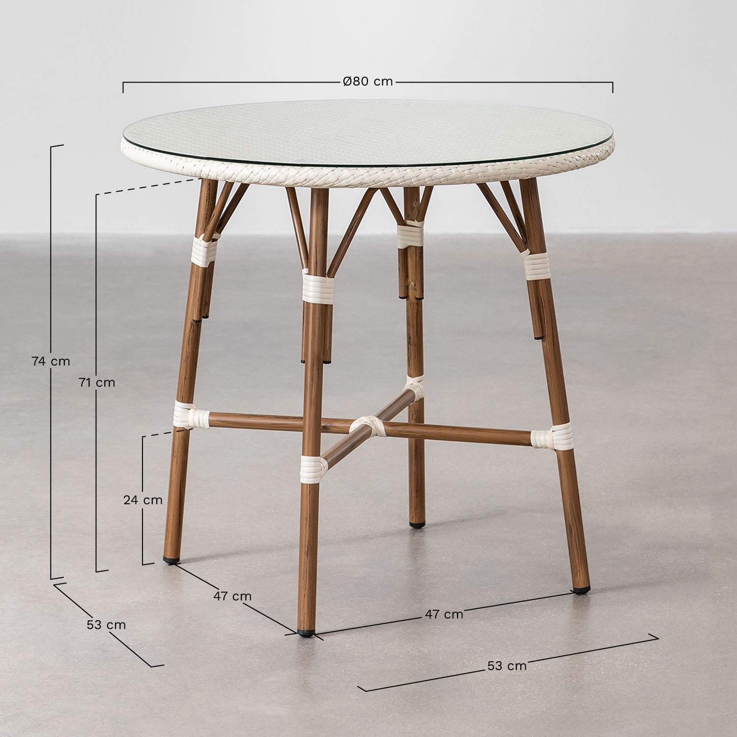 Brielle Bistro ronde tafelset (80 cm diameter) en 4 stapelbare aluminium tuinstoelen, AFMETINGEN