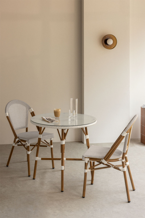 Set ronde tafel Ø80 cm en 2 stapelbare eetkamerstoelen in aluminium Brielle Bistro - Gardenia Wit