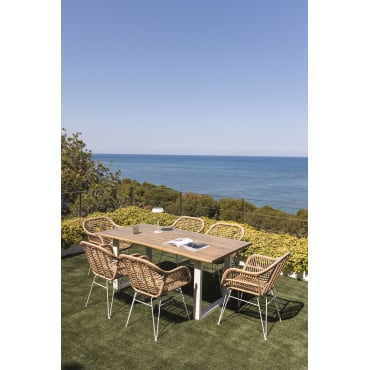 Rechthoekige Tafelset 180x90 Cm In Acaciahout En Maupi-staal En 6 Zole Kunststof Rieten Tuinstoelen Gardenia Wit & Geen Kussen - Sklum