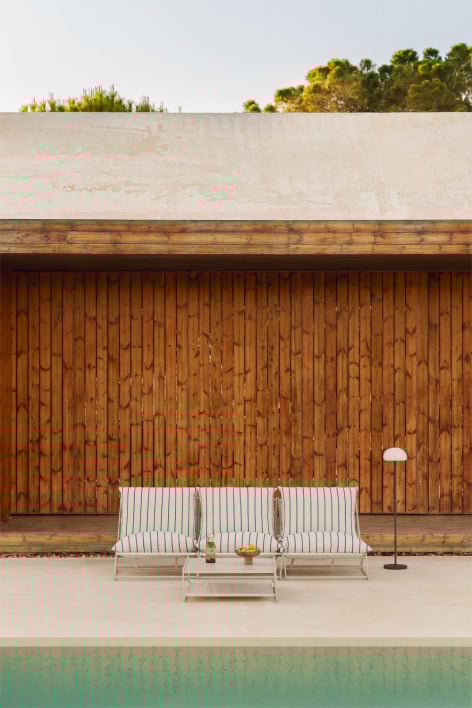 Tuinset met modulaire 3-zitsbank en ombouwbare bijzettafel Amaro - Tapioca beige - Marine blauw