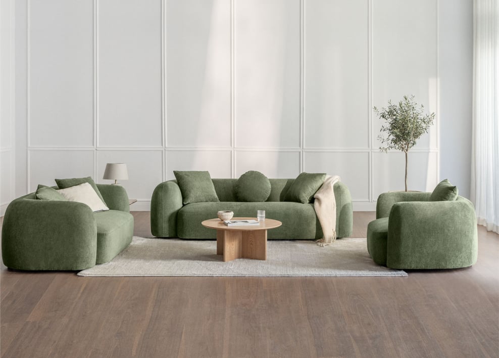 Woonkamerset met 3-zits modulaire bank, 2-zitsbank en fauteuil in Coco chenille