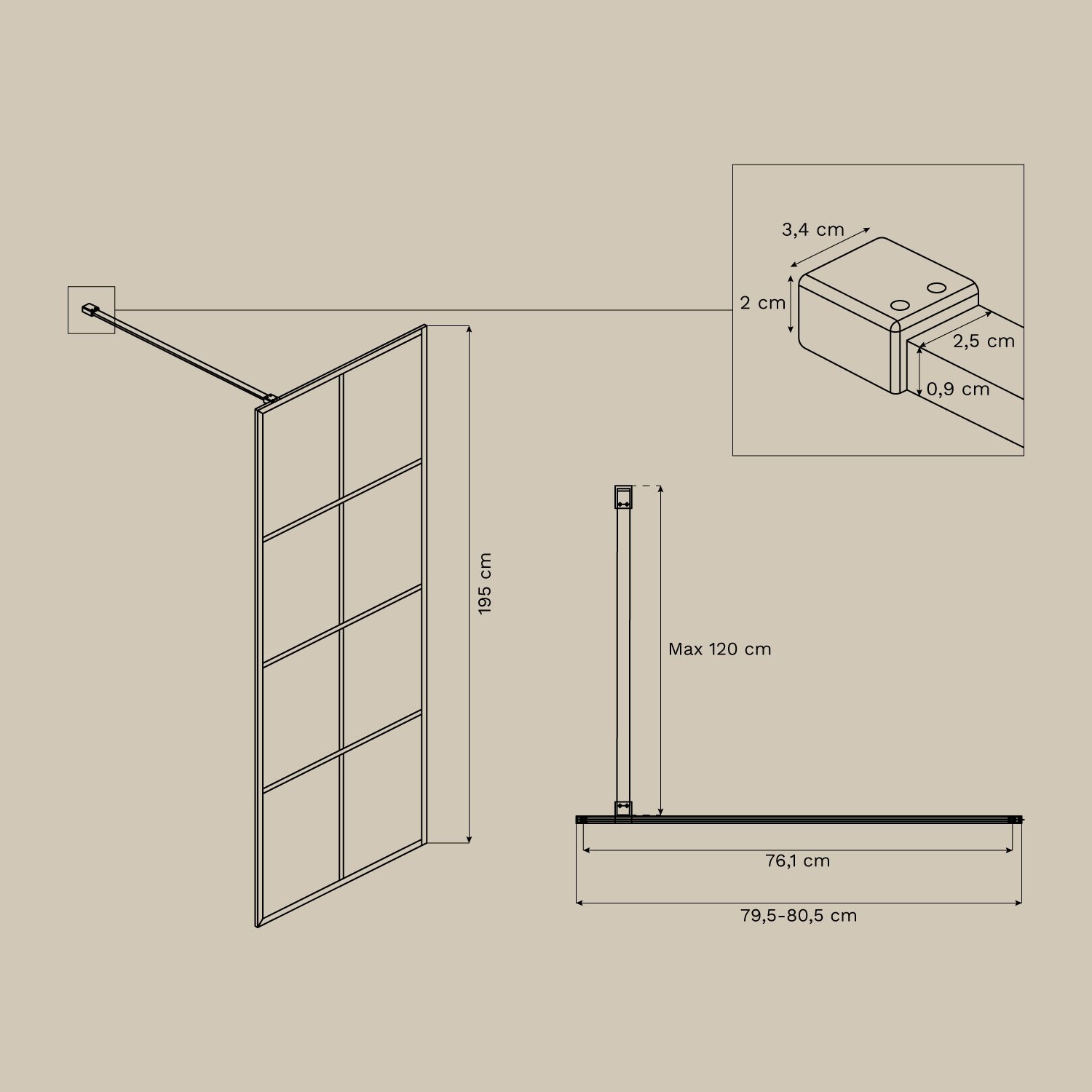 Vaste douchewand met ruitjesmotief, 8 mm gehard glas en Camden aluminium, AFMETINGEN