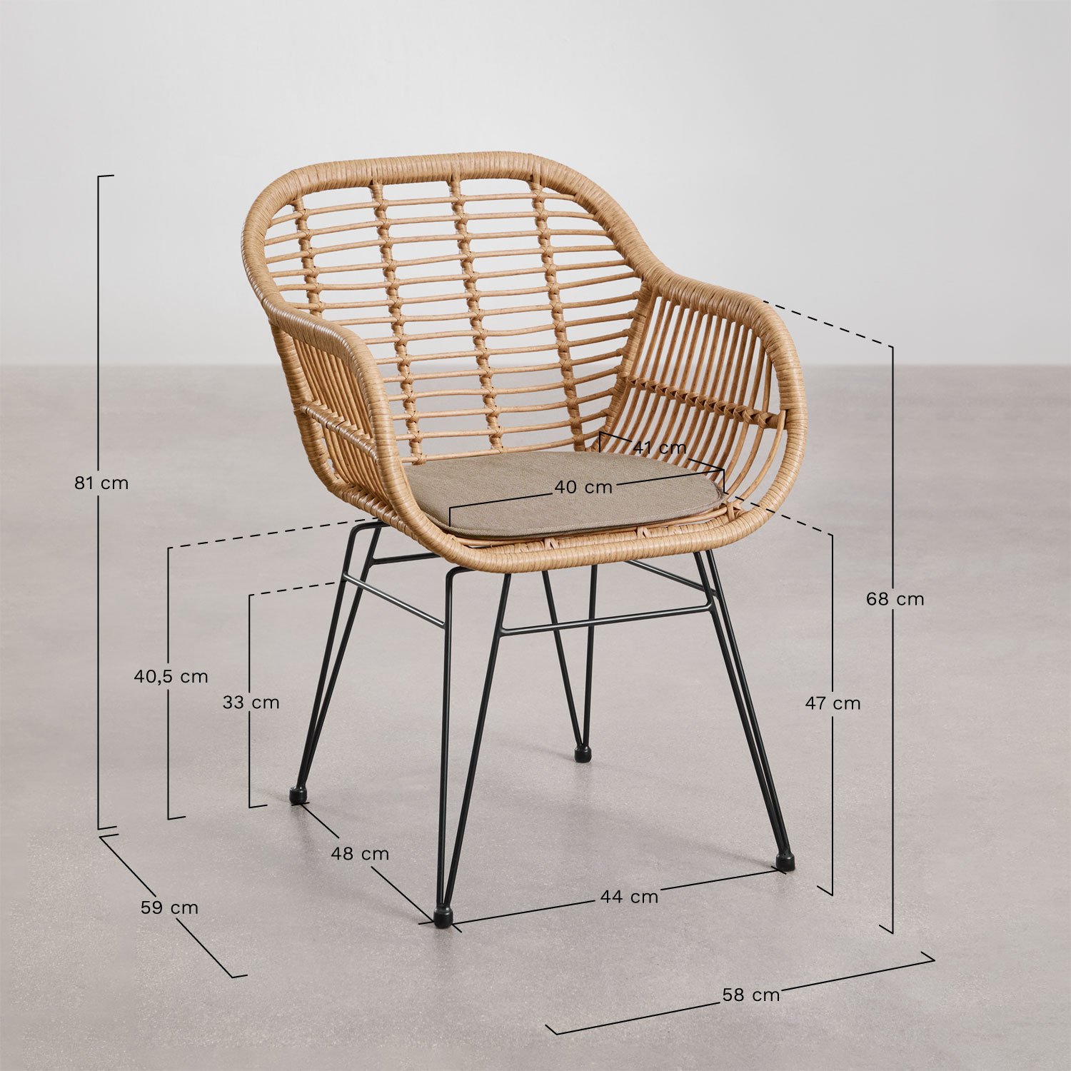 Verpakking van 4 Zole synthetische rieten tuinstoelen, AFMETINGEN