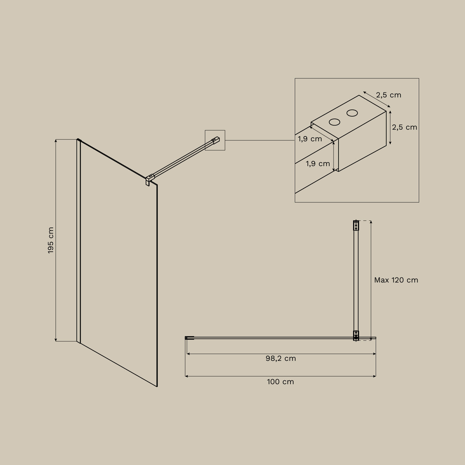 Vaste douchewand met 8 mm gehard glas en Bristol aluminium, AFMETINGEN