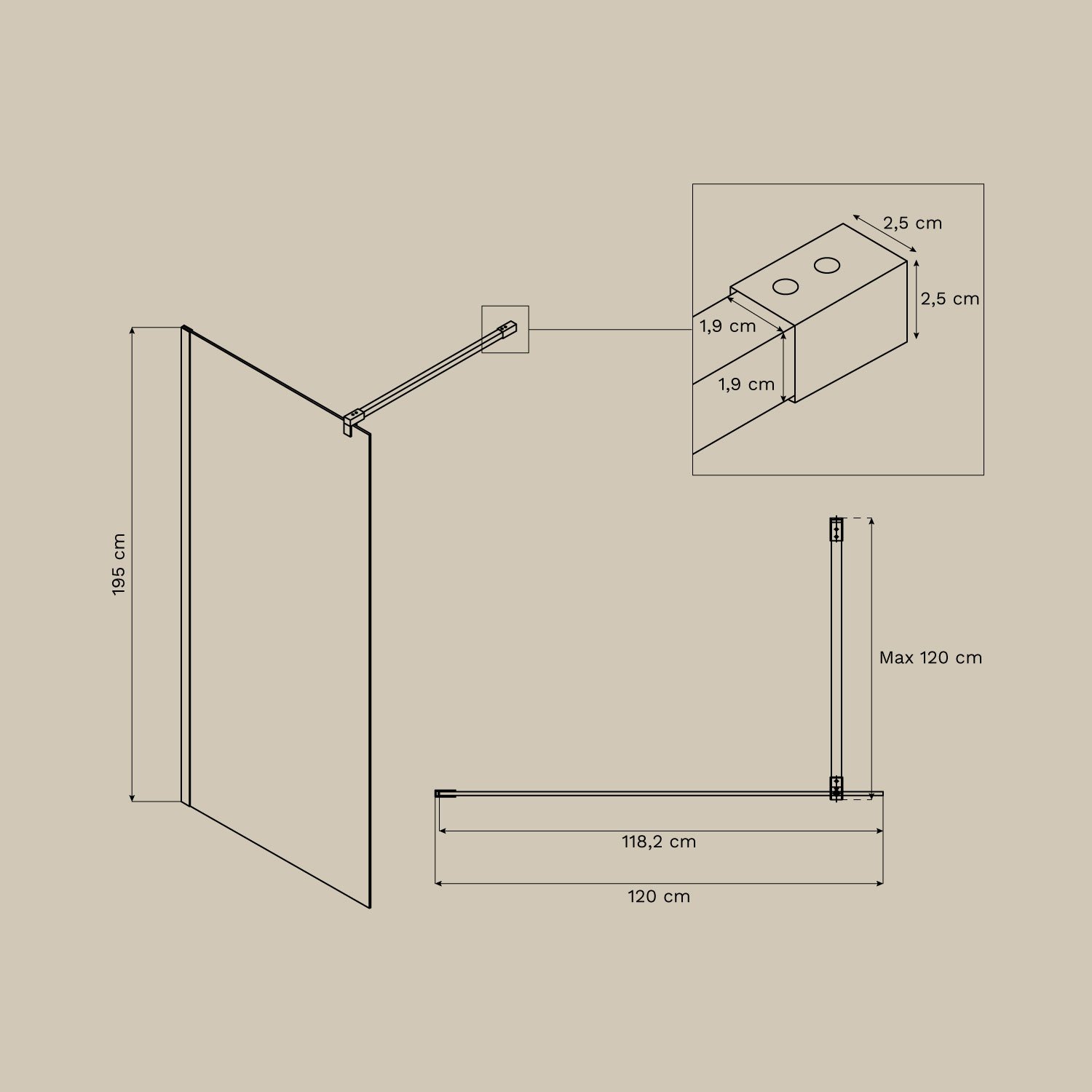 Vaste douchewand met 8 mm gehard glas en Bristol aluminium, AFMETINGEN