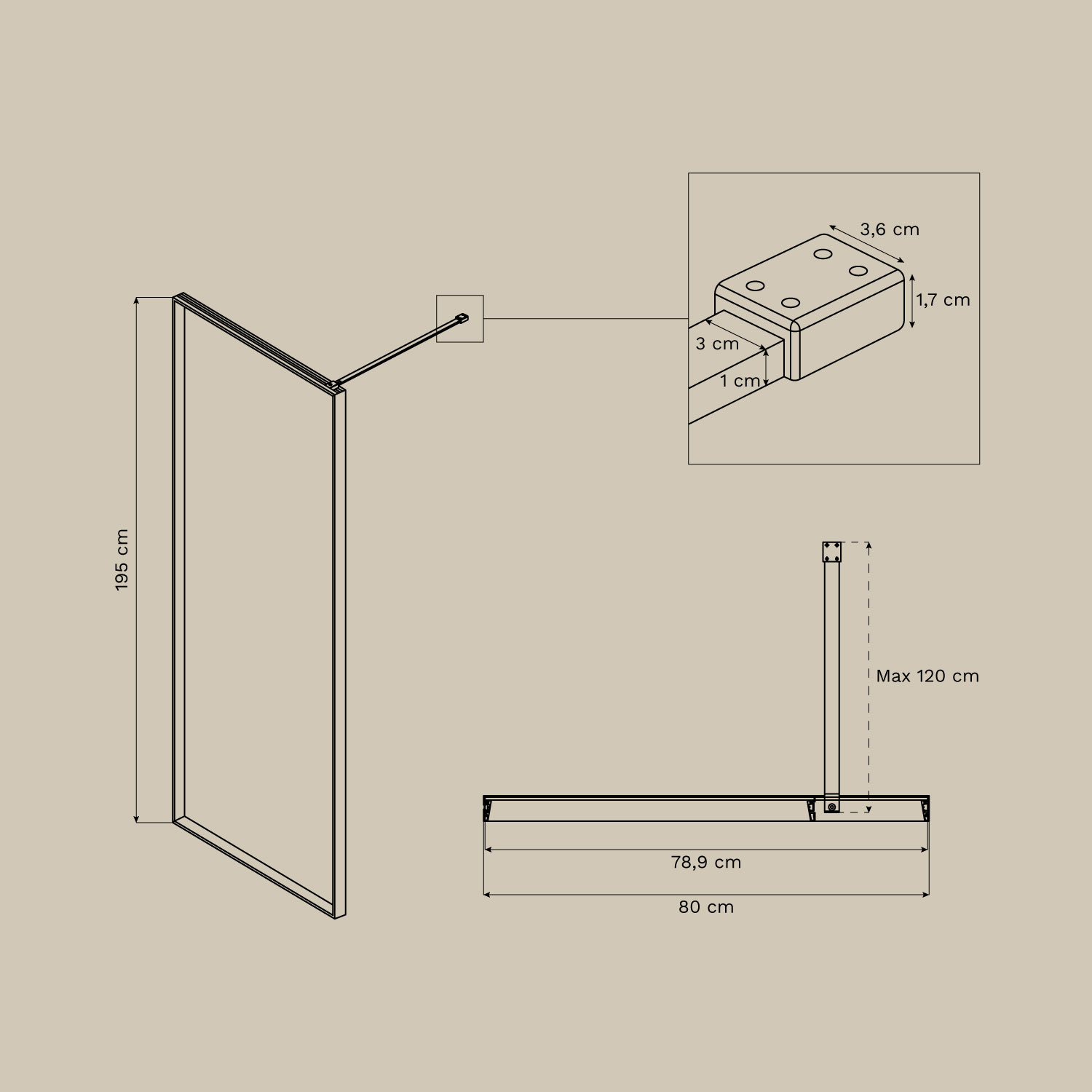 Vaste douchewand met 5 mm gehard glas en Trafalgar aluminium, AFMETINGEN