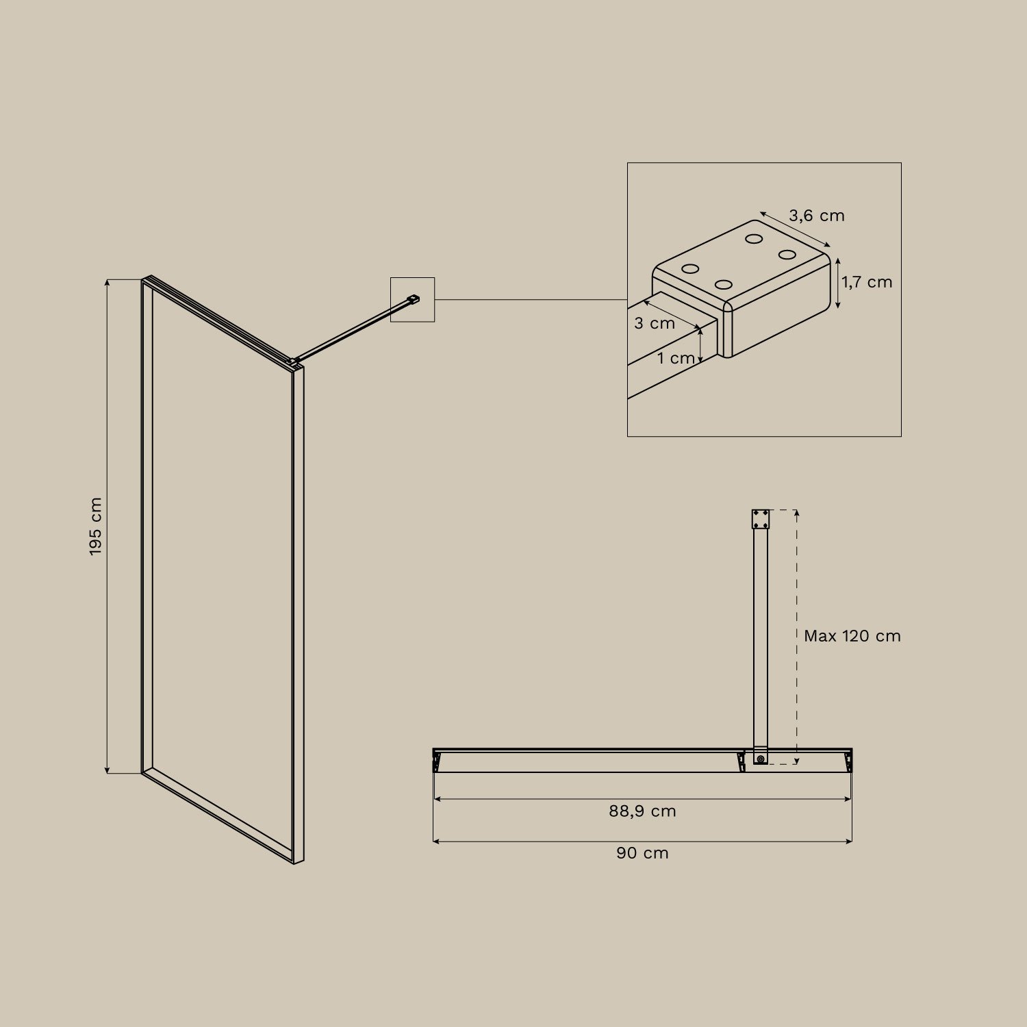 Vaste douchewand met 5 mm gehard glas en Trafalgar aluminium, AFMETINGEN