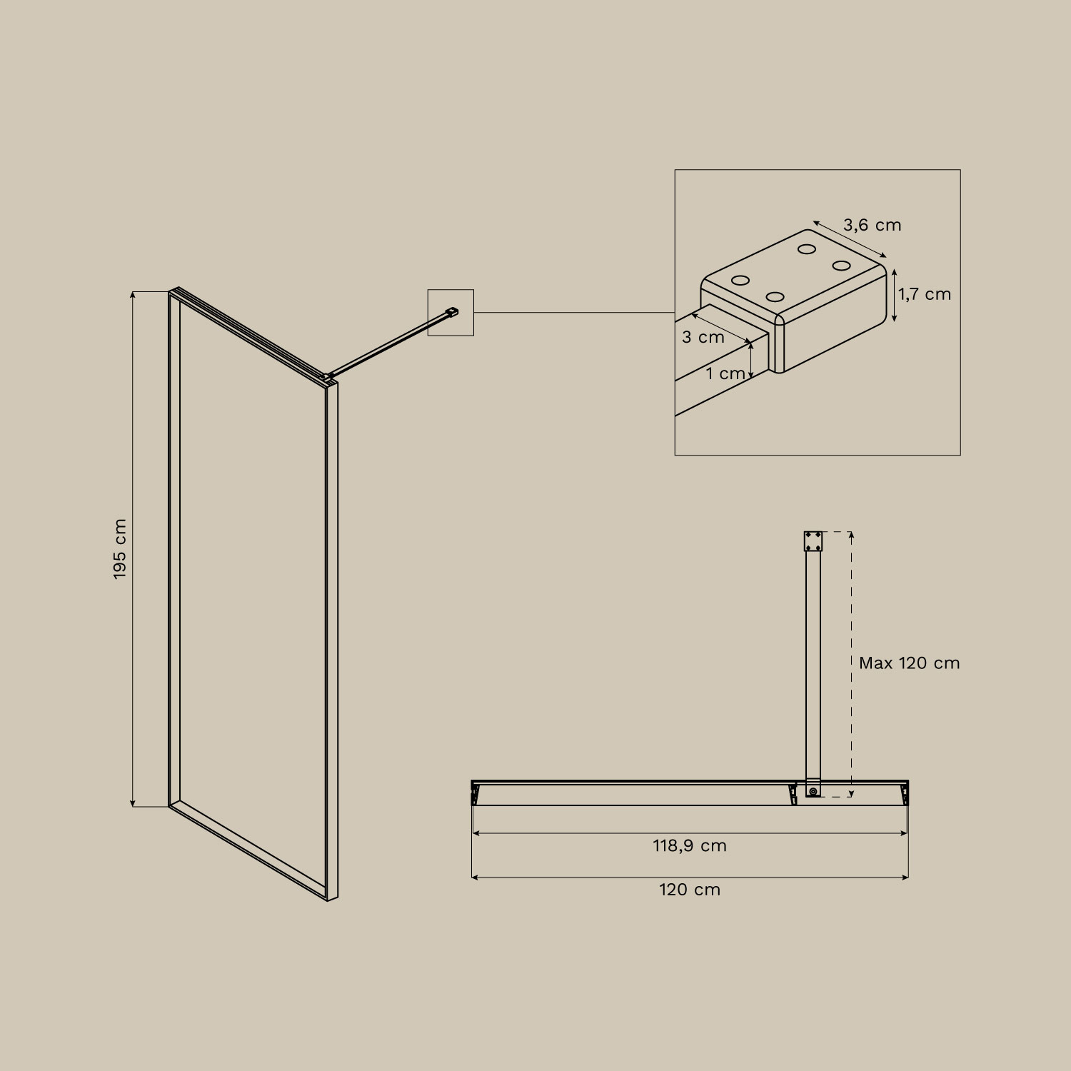 Vaste douchewand met 5 mm gehard glas en Trafalgar aluminium, AFMETINGEN