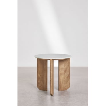 Set Van 2 Ronde Nachtkastjes Ø50 Cm In Natuursteen En Lavinia Mangohout Wit Marmer & Natuurlijk Hout - Sklum
