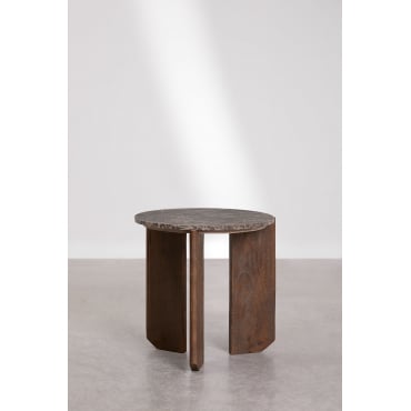 Set Van 2 Ronde Nachtkastjes Ø50 Cm In Natuursteen En Mangohout Lavinia Bruin Marmer & Donker Hout - Sklum