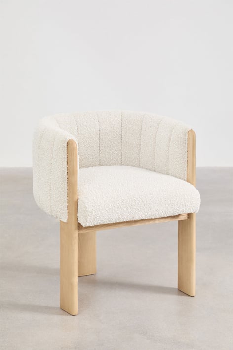 Set van 2 eetkamerstoelen in essenhout en Leo bouclé stof