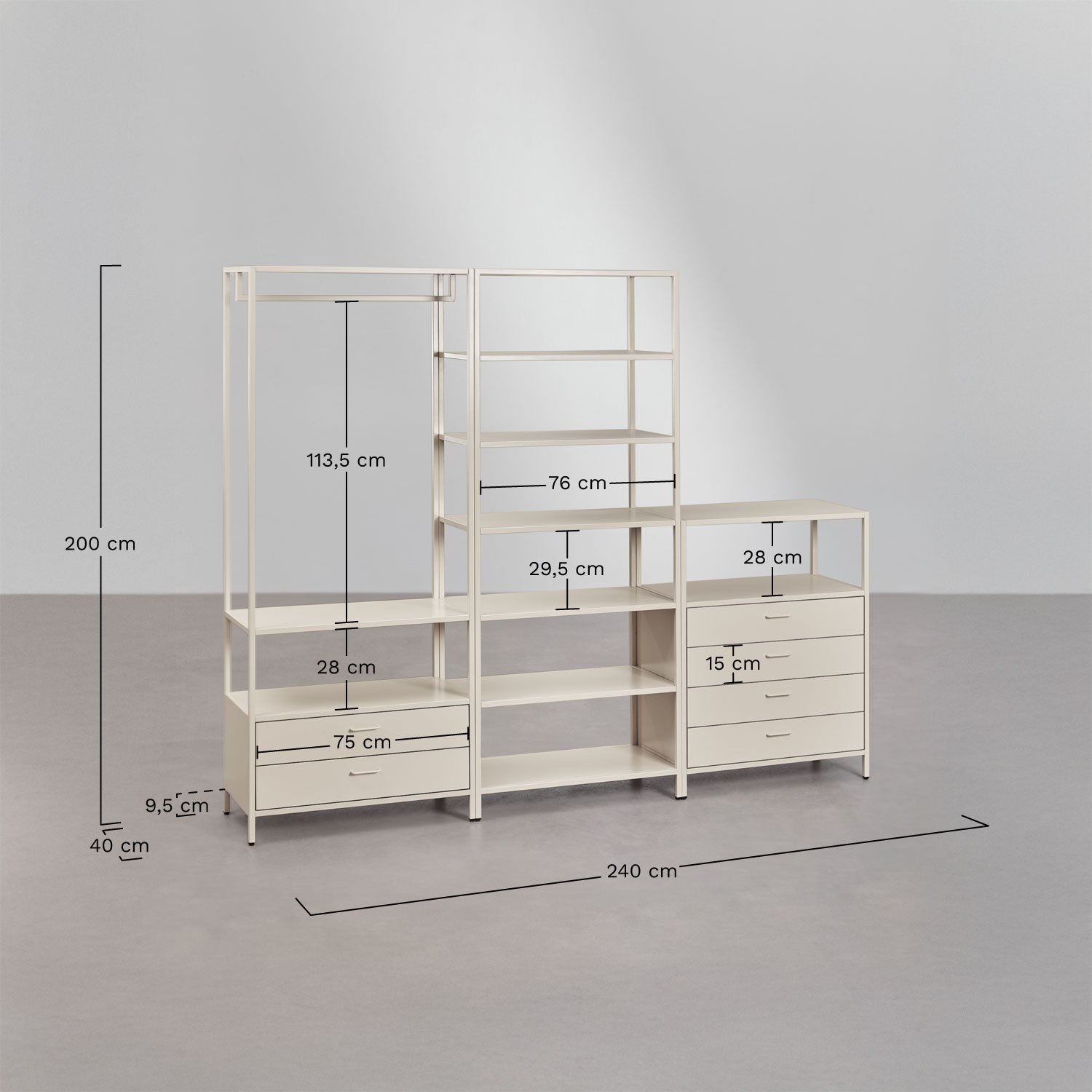 Janine 3-delige open modulaire kledingkast met stalen lades, AFMETINGEN