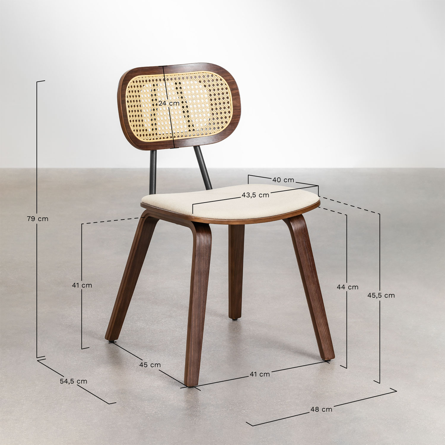 Set van 2 eetkamerstoelen van hout en riet Kaylia, AFMETINGEN