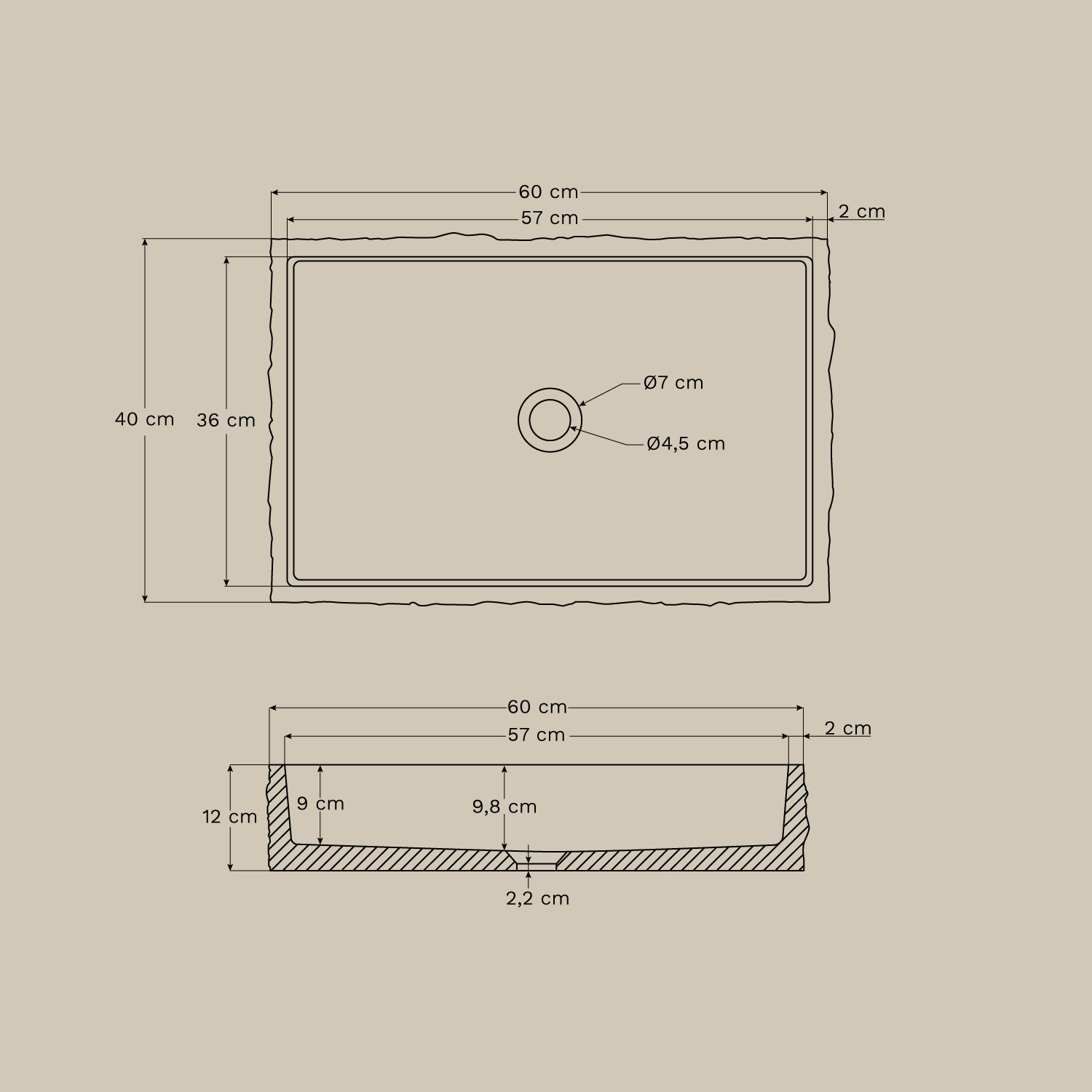 Rechthoekige wasbak 60x40 cm in cement Ushba, AFMETINGEN