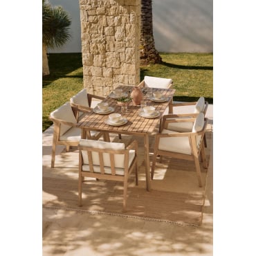 Rechthoekige Tafelset 180x90 Cm En 6 Tuinstoelen Van Acaciahout Kaela Lichte Acaciekleur & Stof Gardenia Wit - Sklum