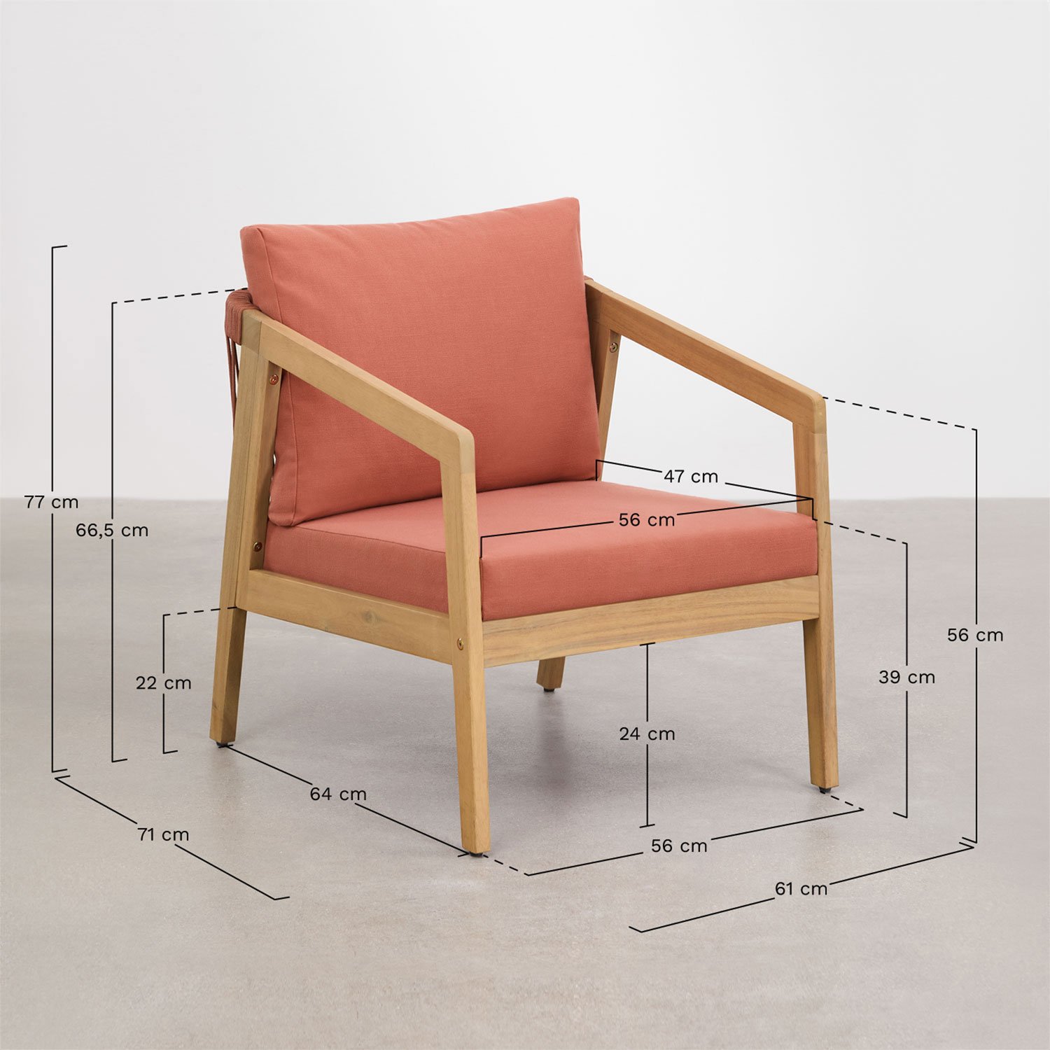 Fauteuil van acaciahout en gevlochten touw Kaela, AFMETINGEN