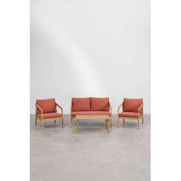 Woonkamerset Met 2-zitsbank, 2 Fauteuils En Salontafel In Acaciahout En Gevlochten Touw Kaela Lichte Acaciekleur & Stof Rode Dakpan - Sklum