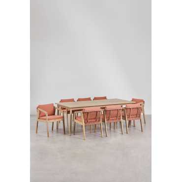 Rechthoekige Tafelset 220x100 Cm En 8 Eetkamerstoelen In Acaciahout En Gevlochten Touw Kaela Stof Rode Dakpan - Sklum