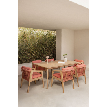 Rechthoekige Tafelset 180x90 Cm En 6 Tuinstoelen In Acaciahout En Gevlochten Touw Kaela Stof Rode Dakpan - Sklum