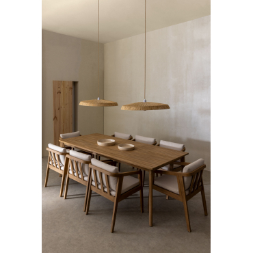 Rechthoekige Tafelset 220x100 Cm En 8 Eetkamerstoelen Van Acaciahout Kaela Lichte Acaciekleur & Stof Gardenia Wit - Sklum
