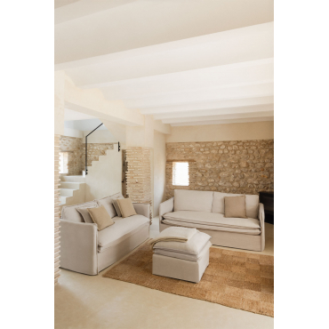 Woonkamerset Met Een 2-zitsbank, Een 3-zitsbank En Een Poef In Linnen En Katoen Grace Stof Beige - Sklum