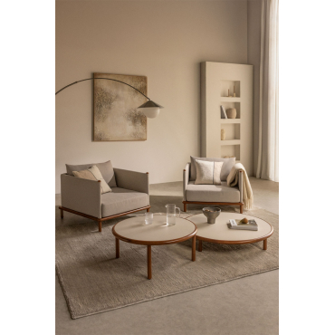 Woonkamerset Met 2 Fauteuils En 2 Ronde Salontafels Van Acaciahout Olivia Beige - Semoline & Donker Acaciabruin - Sklum