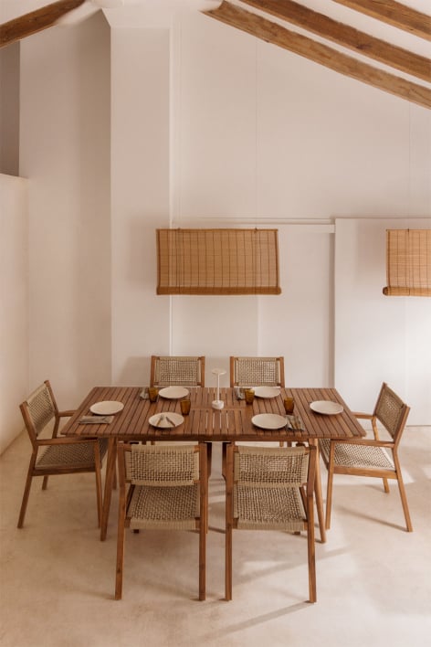 Uitschuifbare rechthoekige eettafel 160-210x90 cm en 6 eetkamerstoelen met armleuningen van acaciahout Tenay