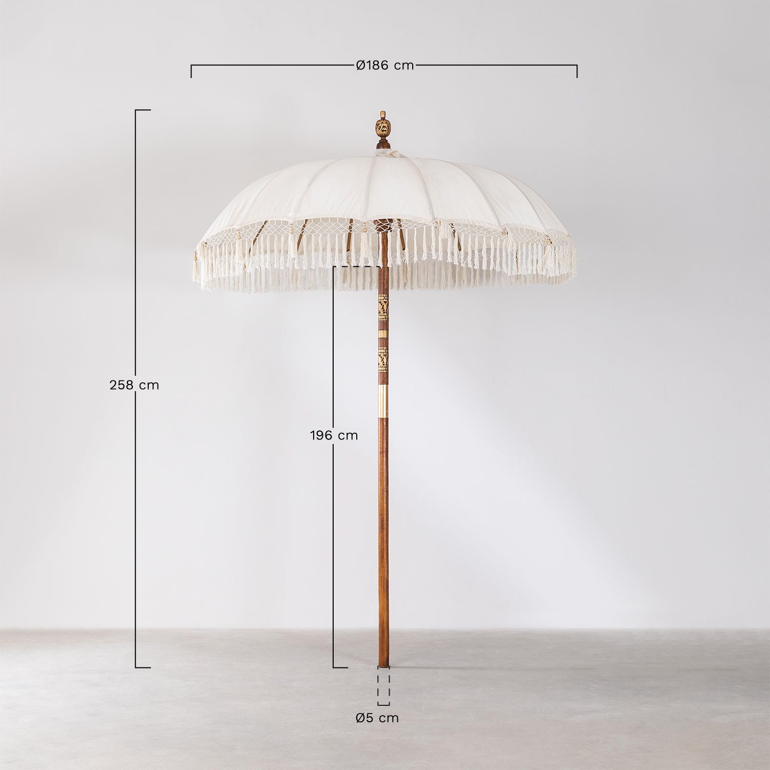 Parasol Ø186 cm in Orongo-stof en hout, AFMETINGEN