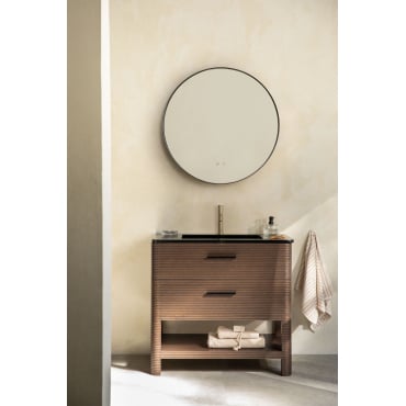 Badkamermeubelset In Hout Met Geïntegreerde Wastafel Misene Donker Hout & Round Led And Antifog Zwart Ø80 Cm Kimacs & Goud - Sklum