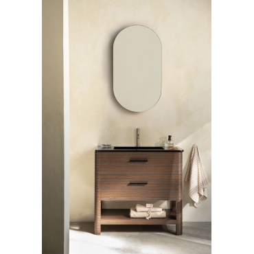 Badkamermeubelset In Hout Met Geïntegreerde Wastafel Misene Donker Hout & Ovaal Met Opbergruimte Zwart 50x90 Cm Oricsa & Geborsteld Grijs - Sklum