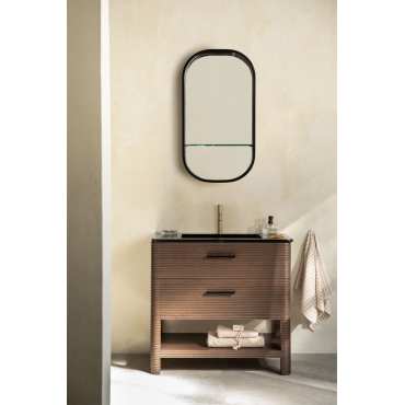 Badkamermeubelset In Hout Met Geïntegreerde Wastafel Misene Donker Hout & Ovaal Met Plank Zwart 50x90 Cm Warien & Goud ↑20 - Sklum
