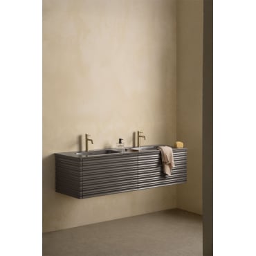 Noura Houten Badkamermeubelset Met Geïntegreerde Wastafels Grijs – Nikkel & Spiegelloze & 2 X Goud ↑20 Cm Met Overloop Aftapventiel Orveta - Sklum