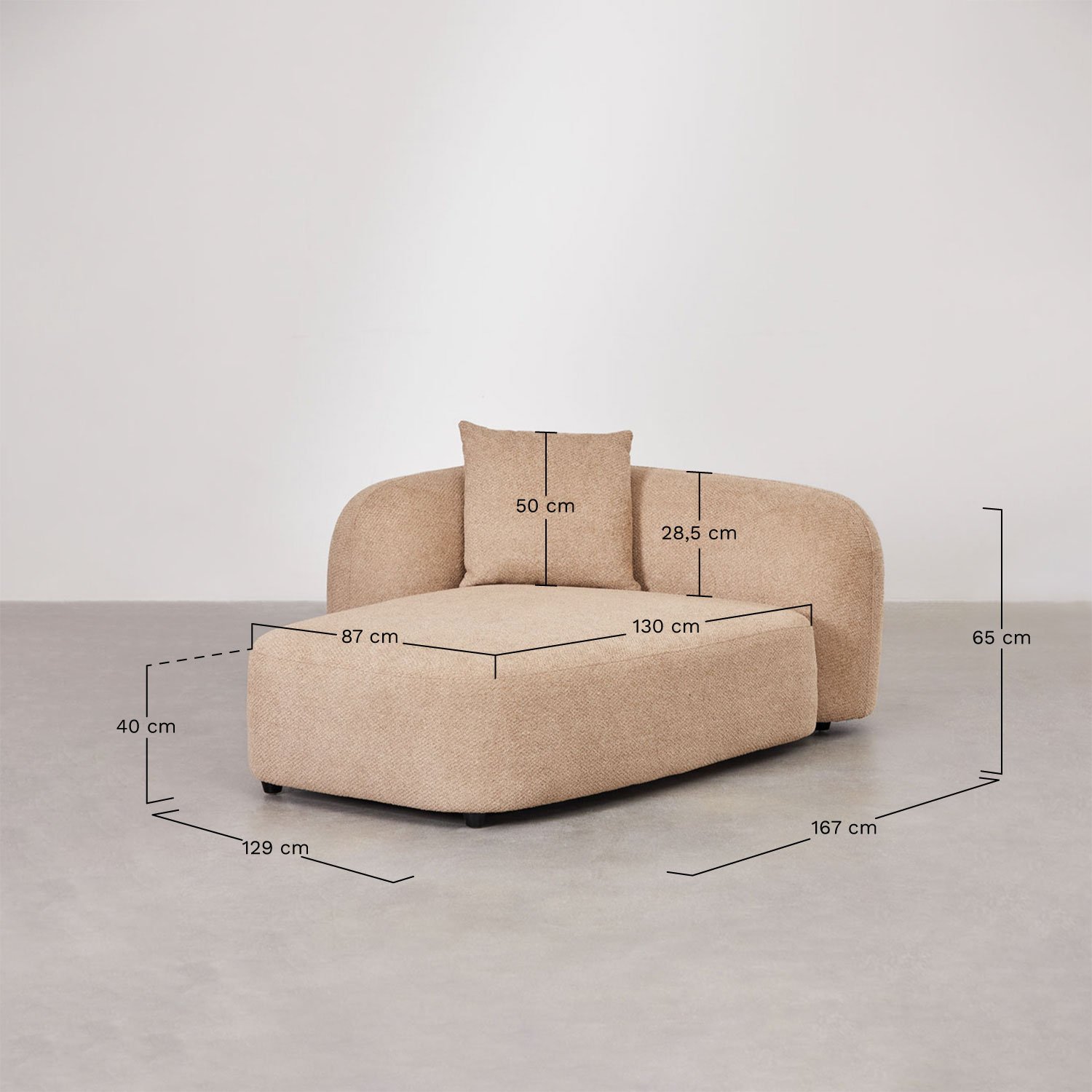 Linker chaise longue-module voor modulaire bank in chenille Coco, AFMETINGEN