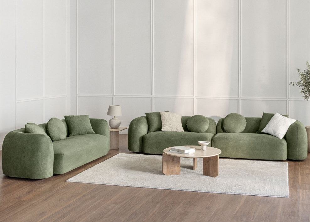 Woonkamerset met 2-delige modulaire bank en 3-zitsbank in Coco chenille - Chenille Sage Green