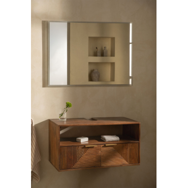 Baty Zwevend Badkamermeubelset Van Mangohout Donker Handvat Hout & Without Sink & Rechthoekige Led En Anticondens 100x70 Cm Riben & Zonder Kraan -