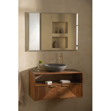 Badkamermeubelset Van Mangohout Baty Mangohout & Rond Grijs Cement Ø40 Cm Tarsis & Rechthoekige Led En Anticondens 100x70 Cm Tamsin & Goud - Sklum