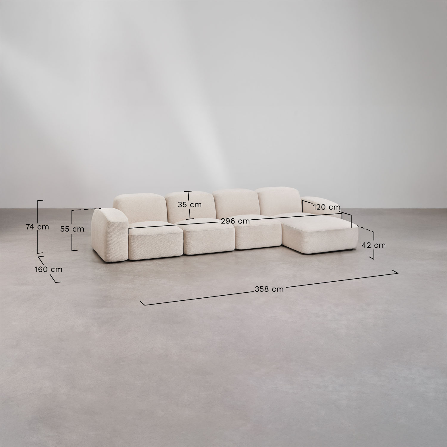 Bastian 4-delige chaise longue modulaire bank rechts, AFMETINGEN