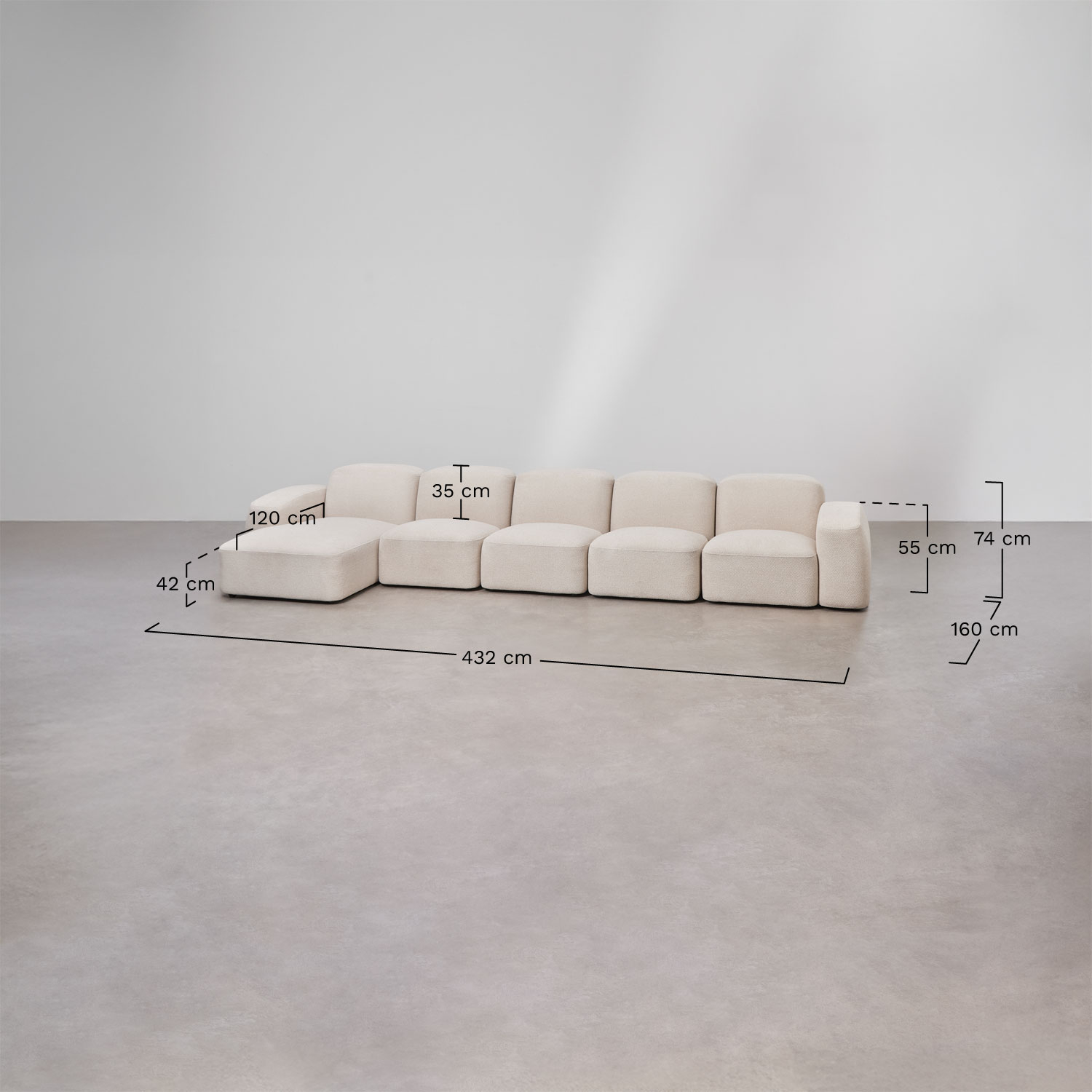 Bastian 5-delige modulaire chaise longuebank links, AFMETINGEN