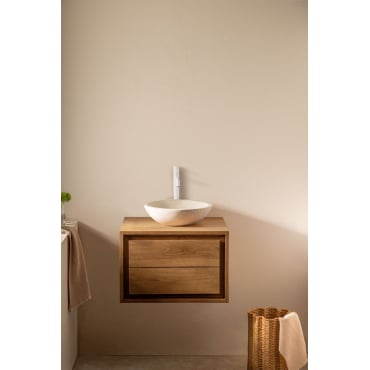 Jabari Zwevend Badkamermeubelset Van Teakhout Teakhout & Rond Cement Wit Ø40 Cm Zavion & Spiegelloze & Wit ↑30 Cm Met - Sklum