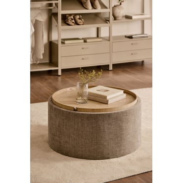 Berkeleni Ronde Gestoffeerde Salontafel Met Dienblad En Opbergruimte Ø80 Cm & Stof Grijs – Taupe - Sklum