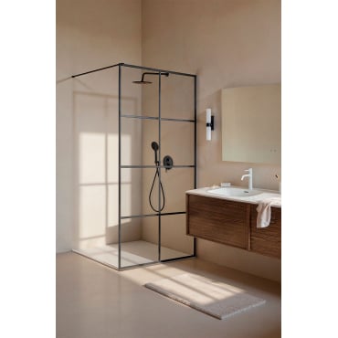 Vaste Douchewand Met Ruitjesmotief, 8 Mm Gehard Glas En Camden Aluminium Matzwart & Transparant & 80 X 195 Cm - Sklum