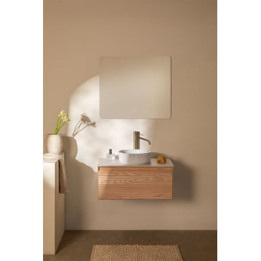 Tedrik Badkamermeubelset In Essenhout Ash Brown & Rond Keramiek Wit Ø40 Cm Lenka & Rechthoekige Led En Anticondens 80x70 Cm Riben & Goud - Sklum