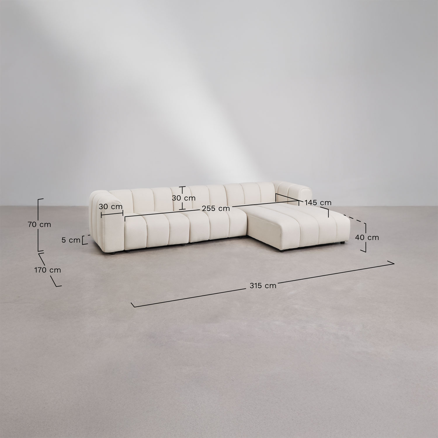 3-delige modulaire chaise longue zitbank rechts in boucléstof Eliot, AFMETINGEN