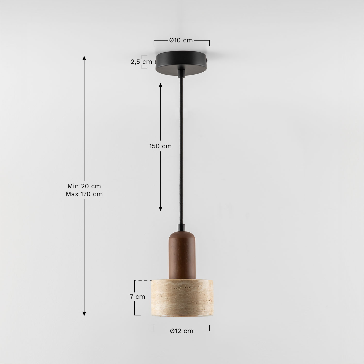 Plafondlamp Ø12 cm in travertijn en hout Davise, AFMETINGEN